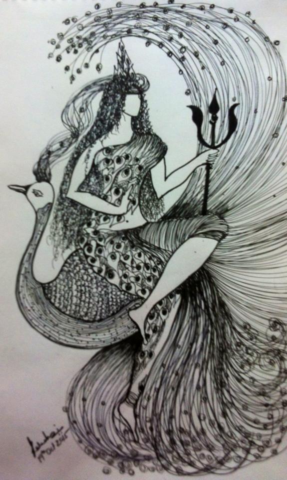 Premium Vector | Black and white drawing of indian hindu goddess saraswati